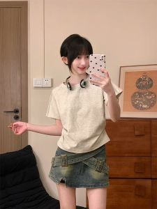 เสื้อยืดคอกลมแขนสั้นทรงสลิมฟิตสำหรับผู้หญิง ลายตัวอักษรสีสันสดใส สไตล์เกาหลี แฟชั่นฤดูร้อน ผ้าฝ้ายผสมโพลีเอสเตอร์