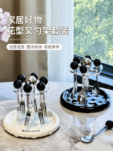 Zunmos Ceramic Stainless Steel Coffee Spoon Rotating Storage Rack Fruit Fork/Spoon Holder Home Creative Dining Utensils