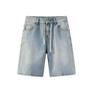 ZHUOCAN | Blue Lightning Pattern Distressed Washed Denim Shorts 5inch