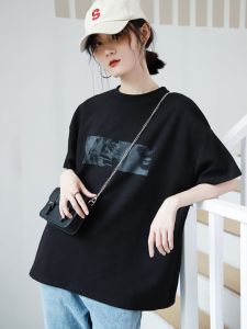 I.Tchooiate Black Pure Cotton Short Sleeve T-Shirt Women Summer Loose round Neck Casual Print Half Sleeve Body Top Shirt