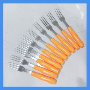 Combo 10 Nĩa ăn trái cây hoa quả inox cán nhựa vàng