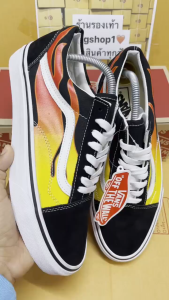 รองเท้าผ้าใบ VN slip on Flame สีดำลายไฟ รุ่นยอดฮิต ติดเทรนตลอดกาล สินค้าพร้อมกล่อง