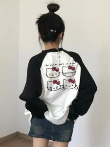 HelloKitty Cat Color Block Long Sleeve T-Shirt Women Early Autumn Small Size Ins Fleece Winter Match Upper Female Fashionable Cotton round Neck