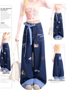 MZVZ | Patchwork Dog Embroidered Denim Pants Women Loose Tied Bow Flared