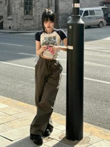 Quần Ống Rộng Dáng Rộng Cạp Cao Màu Xanh Lá Cây Quân Đội Dài Đến Sàn Cho Nữ Quần Áo Bảo Hộ Lao Động Phong Cách Đường Phố Mỹ