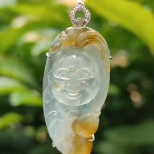 High Quality Icy Yellow Translucent Natural Type A Jadeite Jade crafted as Milo Buddha set with 18k Gold as Pendant certificate weighs 9.1 grams measurements 46.1 * 18.7 * 9.5 mm (18kp60)