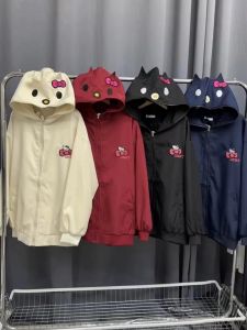 น่ารัก การ์ตูน Kitty Cat ซิป มีฮู้ด เปิด คาร์ดิเกน ฤดูใบไม้ร่วง เสื้อแจ็คเก็ต ผู้ชาย ผู้หญิง ลำลอง หลวม เสื้อแจ๊กเก็ตสไตล์คู่รัก