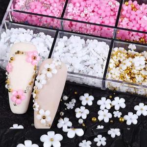 1Box 3D Pink/White Acrylic Flower Nail Charms with Gold&Silver Steel Beads Nail Art Decorations DIY Crafts Manicure Accessories