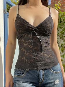 Áo Crop Top Ren Xuyên Thấu Màu Đen Dành Cho Nữ Mùa Hè Phong Cách Y2K Không Tay Cổ Chữ V Gợi Cảm Kiểu Vintage Thẩm Mỹ Gothic Thích Hợp Cho Thể Thao
