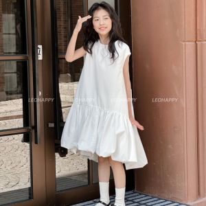 LEOHAPPY Spring Summer New Style Girls Puffy Sleeve Dress Floral Print Vest Dress for Children Ages 3-14 Soft Polyester Cotton