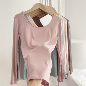 Modal New Arrival Cameo Brown U-Neck Long-Sleeved T-shirt Female Autumn New Skinny Slimming Western Style Shirt Tops