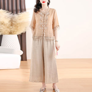 Ramie Suit Mom Summer Clothes Half Sleeve Chinese Style Embroidery Chinese Knot Button Top Linen Wide-Leg Pants Cotton Linen Womens Clothing Two-piece Set