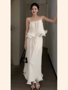 Tiếng Pháp Thanh Lịch Tai Gỗ Viền Bèo Dây Đeo Vai  Áo Hai Dây Cao Vòng Eo Họa Tiết Bện Nửa Váy Bộ Nữ Phong Cách Mới Mười Dặm Mùa Hè Bộ Sưu Tập