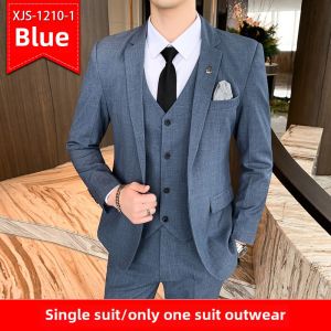Mens Three-Piece Suit Slim Fit Wedding Tuxedo Fashionable Business Casual Polyester Pure Color Flat Collar Single Button