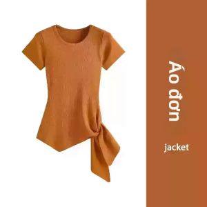 YUEZHONGWEI | Áo Thun Không Tay Ôm Body Cổ Dây Kéo Bất Đối Xứng Chất Lụa Mát Mẻ Màu Cam