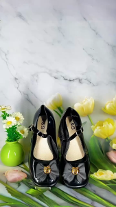 School Wear Kids Bowknot Fashion Glossy Style Black shoes 690