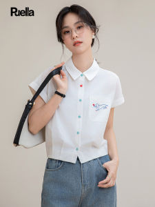 puella | Fashionable Short Sleeve Shirt with Embroidery and Colorful Buttons Slimming Polo Collar