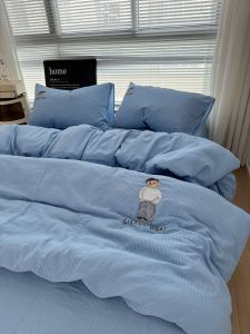 Korean Style  Embroidered Bear Mr. Washed Cotton Light Blue Bedding Set Student Three-Piece Quilt Cover Sheet Set