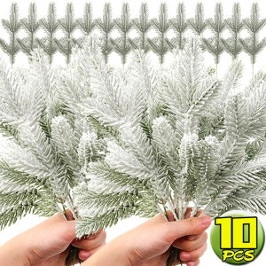 10Pcs Christmas Artificial Pine Needles Branches Snow Pine Fake Plants DIY Xmas Tree Wreath Ornaments Home Xmas New Year Gifts