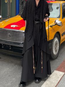 New Chinese Style Retro Patchwork Mens Casual Loose Leggings Trousers Straight Wide Leg Draping Long Pants Skirt