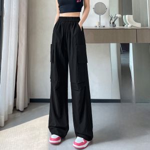 YAMIANNV | Ice Silk High Waist Drapey Casual Pants Thin Design Sensation Mountain Person Womens Street Style Sporty Casual Wide Leg Trousers