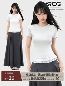 White Lace Trim Short Sleeve T-Shirt Womens Summer Slim Fit Waist Cinching Short Style American Design Sensation Commute Simple