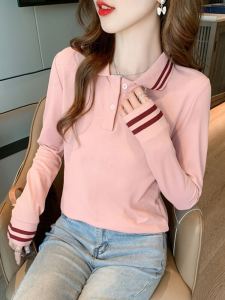Womens Polo Shirt Long Sleeve Turn-down Collar Base Layer Pink Top Spring Autumn Inner Wear Straight Cut Sweet Style T-shirt