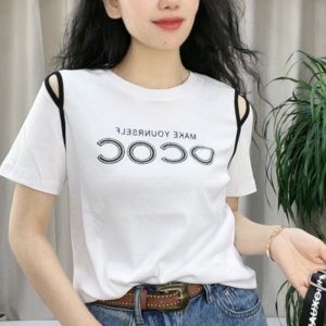 Fashionable round Neck Letter Print Shoulder Bared Short Sleeve Hollow out Slimming Top for Women Summer New Arrival T Shirt