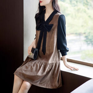 Design Stylish Versatile Elegant Golden Velvet Two-piece Look Dress