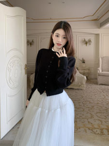 Slimming Short Sleeve Long Sleeve Sweatshirt Mesh Puffy A-Line Mini Skirt Womens Fashion Set Autumn New Style Korean Style
