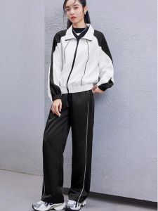 WANGGONGZHU | Fashionable Casual Sportswear Set Women Summer New Design Color Block Anti-Aging Two-Piece Wide Leg Pants Polyester Fiber