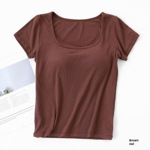 Cup Integrated T-shirt Female Bottoming T-shirt Tops Bra with Chest Pad Square Collar Short Sleeve Summer Short Pure Color Black and White