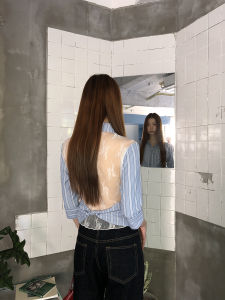 Áo Ngắn Form Ôm Tay Dài Có Sọc và Ren Pháp Màu Xanh