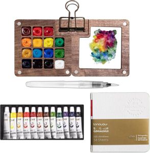 Portable Watercolor Set Travel Palette Sketchbook Brush Pens Binder Clips for Artists Students Painting Tools Drawing Supplies
