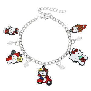 Sanrio | Cute Hello Kitty Themed Bracelet Zinc Alloy with Scooter & Strawberry Kitty Charms Silver Tone Adjustable Wristband Jewelry