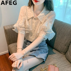 AFEG new Korean version lapel flanges fashionable loose all match polka dot chiffon bubble sleeve blouse