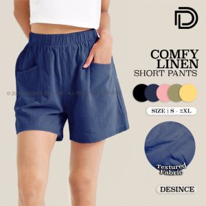 DESINCE Women Comfy Cotton Linen Short Pants Plus Size Wide Leg High Waist Shorts Seluar Pendek Wanita WP 020