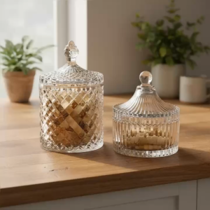 Bộ 2 Thố Mứt Tết Thủy Tinh Cao Cấp – Nắp Đậy Vân Kim Cương Và Vân Sọc Trang Trí Bàn Tiệc Sang Trọng