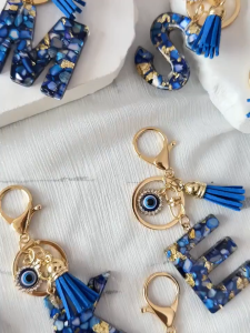【Local Seller】Blue Evil Eye Resin Letter Keychain Rectangular Alphabet Initial Charm Fashion Accessory with Lobster Clas