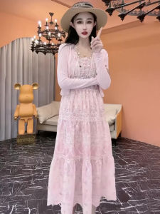 Summer 2025 New Ice Silk Womens Floral Print Two-Piece Set Elegant Ageless Fashionable Sun Protection Dress Polyester Cotton Blend