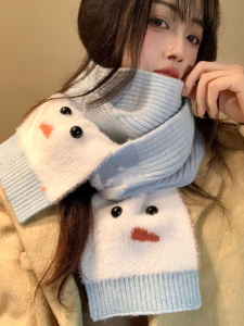 Cute Snowman Blue Knitted Scarf Womens Style Winter Warm Neck Warmer Korean Version Atmosphere Feeling Thickened Rectangle Scarf