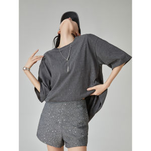 Gray Sequin Star Single Side Pleated Short Sleeve Womens Loose Korean Design Unique Top Trendy T-Shirt Commute Simple Style