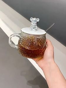 Cốc hút ly thủy tinh tặng kèm nắp gấuthìa 400ml-ly văn phòng