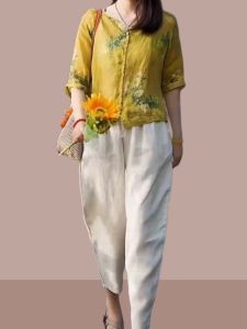 2024 ฤดูร้อนใหม่ผ้าฝ้ายลินินชุดผู้หญิงหลวมSlimmingอเนกประสงค์พิมพ์เสื้อแขนสั้นและกางเกงขากว้างชุด 2 ชิ้น