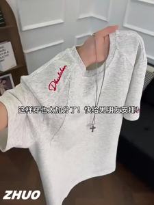 ZHUOCAN | Reconstructed Red Emblem Embroidery Heavy Shoulder Casual American Retro Trendy Short-sleeve T-Shirt