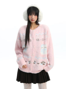 Soft Cozy Christmas Snowman Mink Knit Cardigan Sweater Womens Autumn Winter Lazy Style Knitted Outerwear Sweet Loose Fit