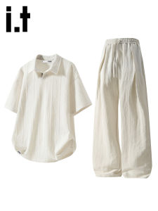izzue | Retro Wealth Style Lyocell Mens Summer Polo Shirt and Casual Pants Set