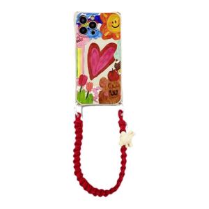Doodle Oil Painting Heart Bear Style Silicone Phone Case for Huawei Mate70Pro Apple 16 15Pro Xiaomi 15 Crossbody Lanyard Integrated Full Cover Anti-fall