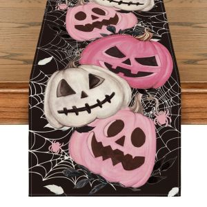 VIKAMA Halloween Table Runner Wooden Texture Black Cat Ghost Pumpkin Bat Boo Table Runner for Dining Table Home Party Deco