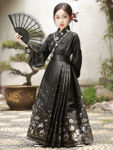 Childrens Hanfu Set Black Spring Autumn Style Girls Cheongsam Tang Suit Ethnic Clothing Traditional Chinese Costume for Kids